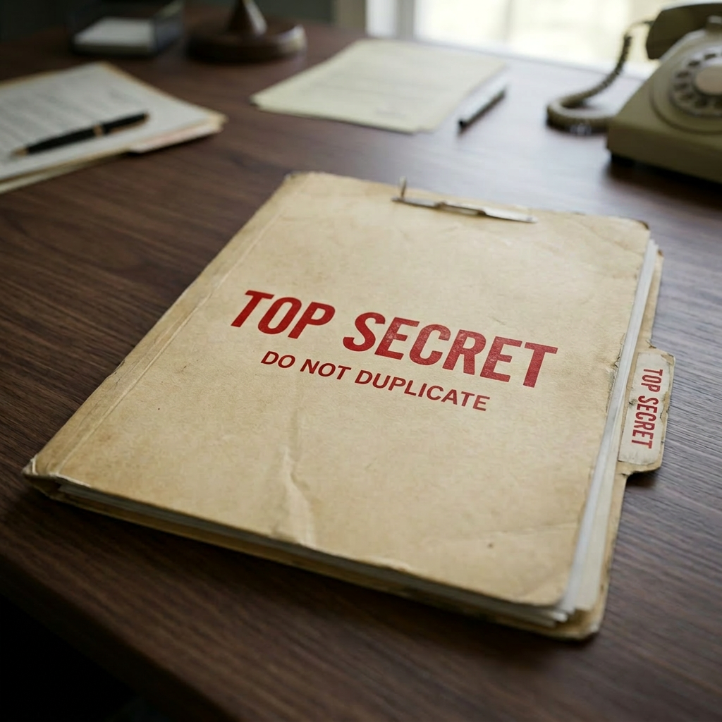 Worn folder labeled 'TOP SECRET DO NOT DUPLICATE' on a desk